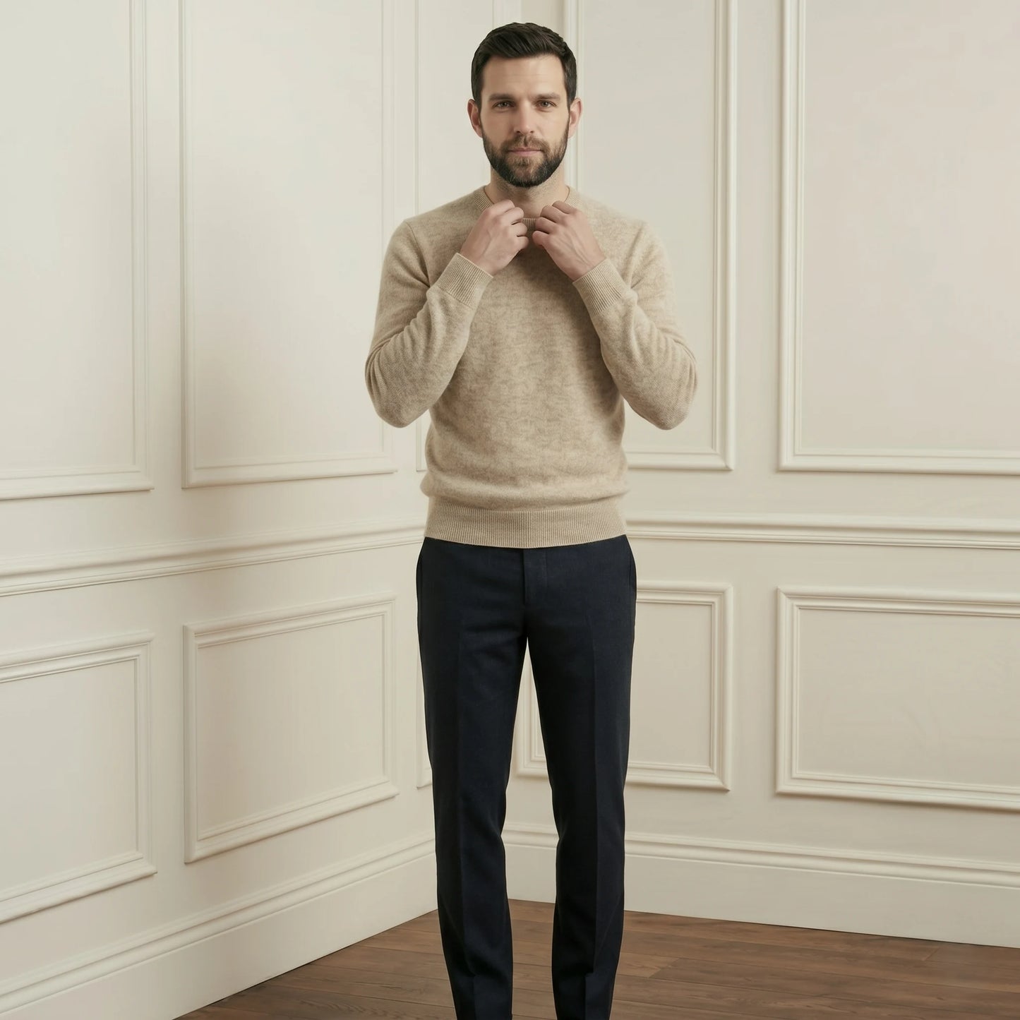 Oat Full Sleeve Crewneck Himalayan Cashmere Sweater for Men