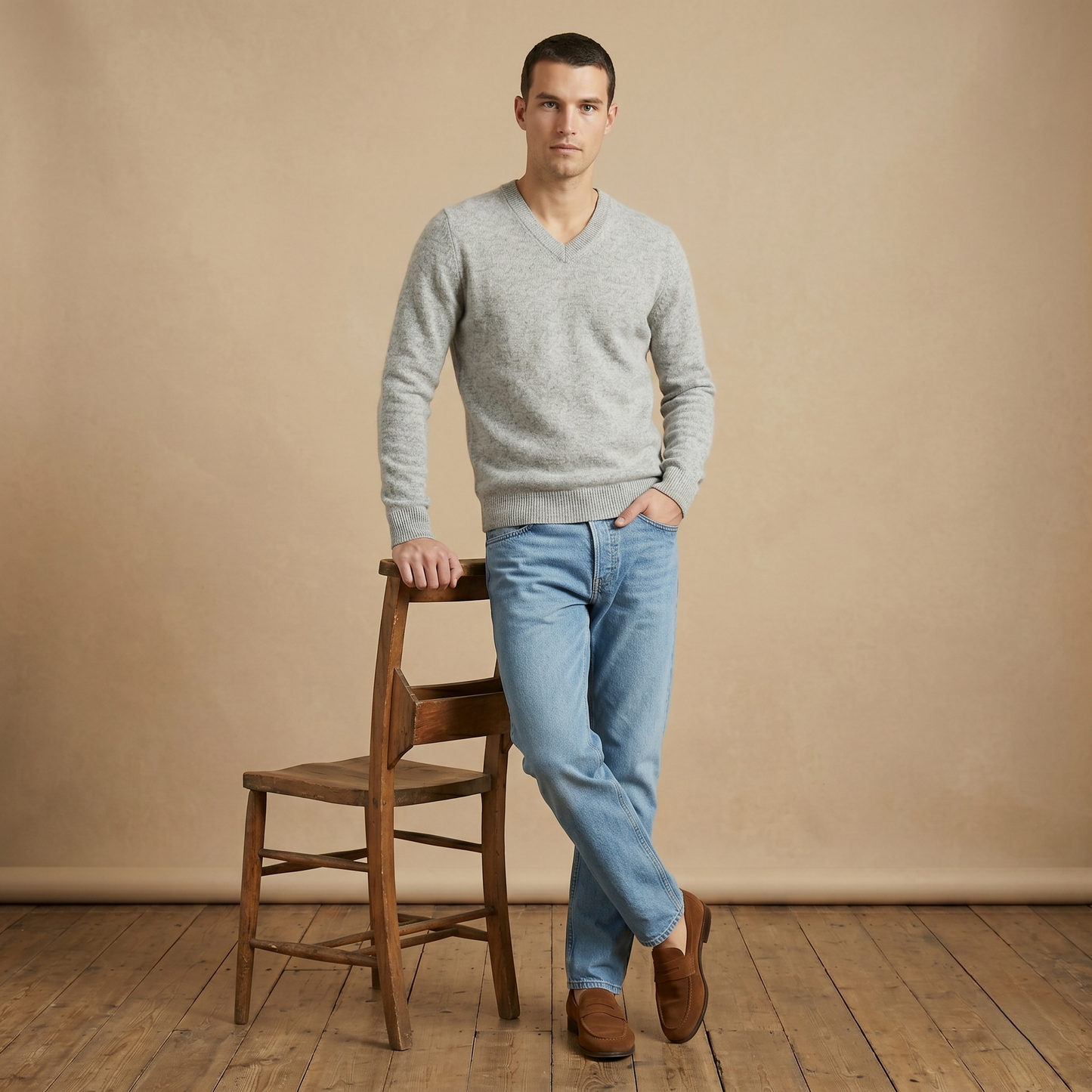 Executive V-Neck Undyed Himalayan Cashmere Sweater