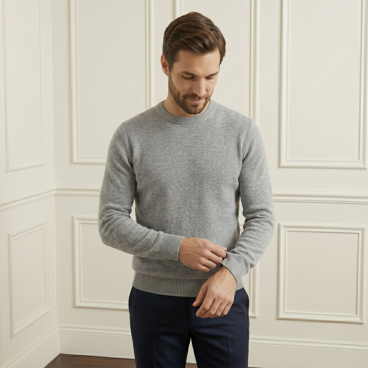 Premium Quality Heather Gray Original Crewneck Cashmere Full Sleeve Sweater for Men
