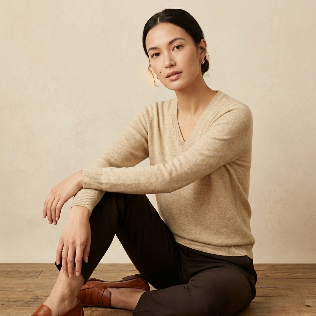 V - Neck Undyed Cashmere Sweater For Women