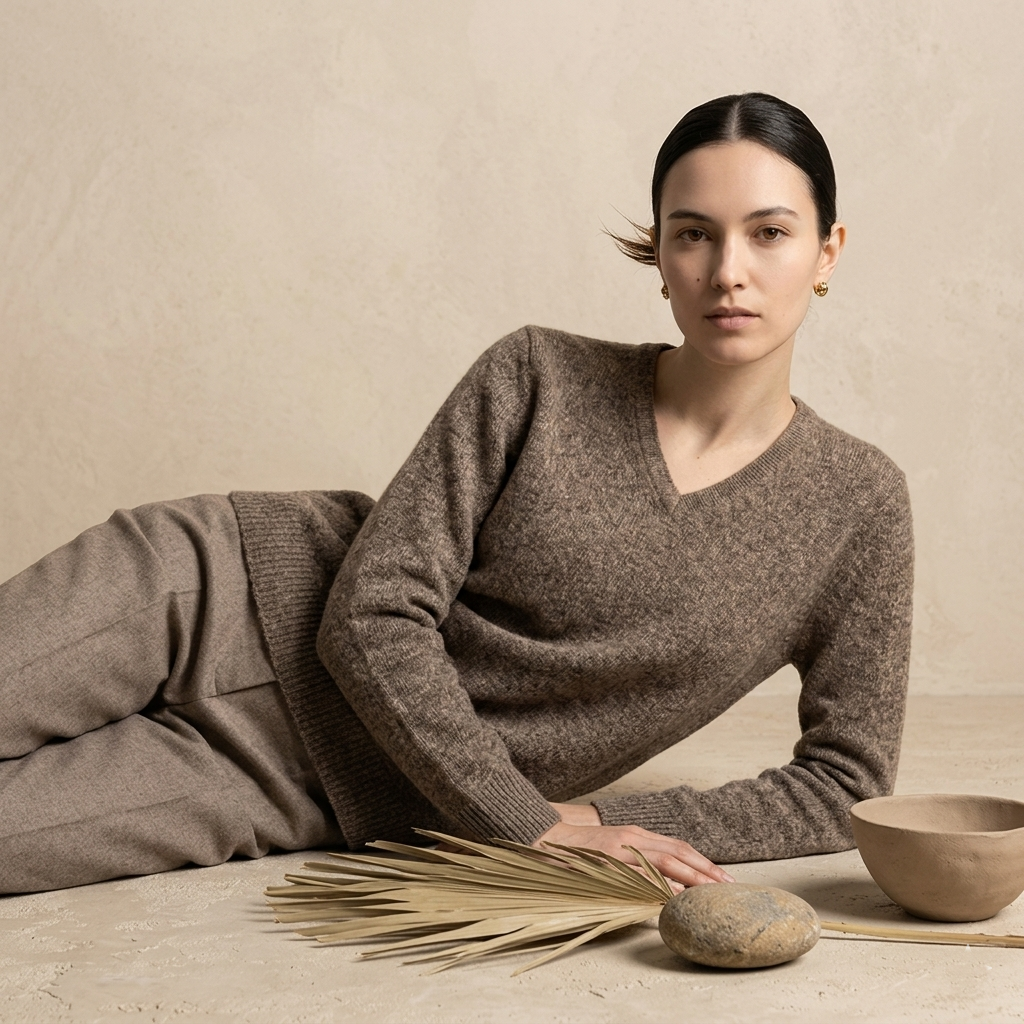 V - Neck Undyed Cashmere Sweater For Women