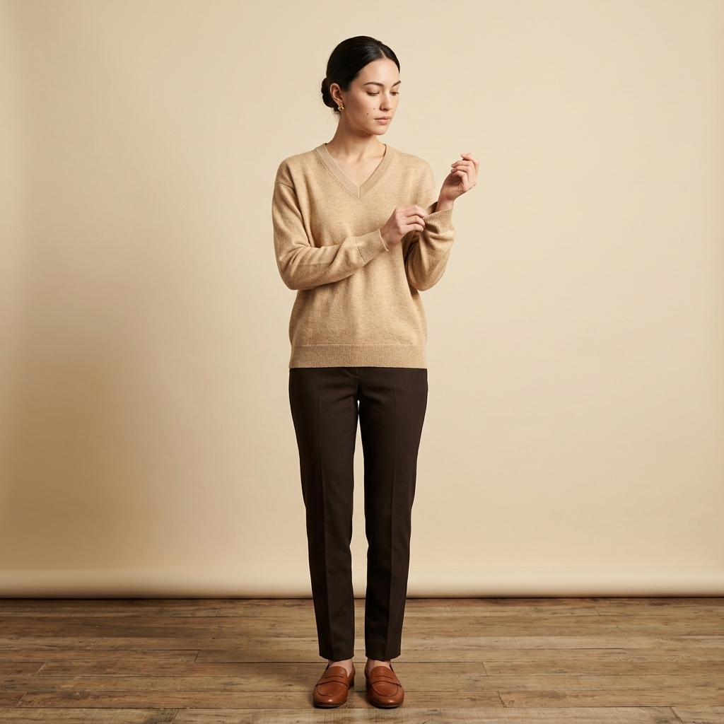 V - Neck Undyed Cashmere Sweater For Women