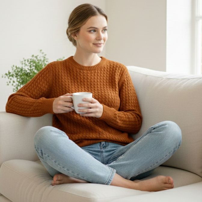 Woman sitting on a couch holding a mug in a bright room.