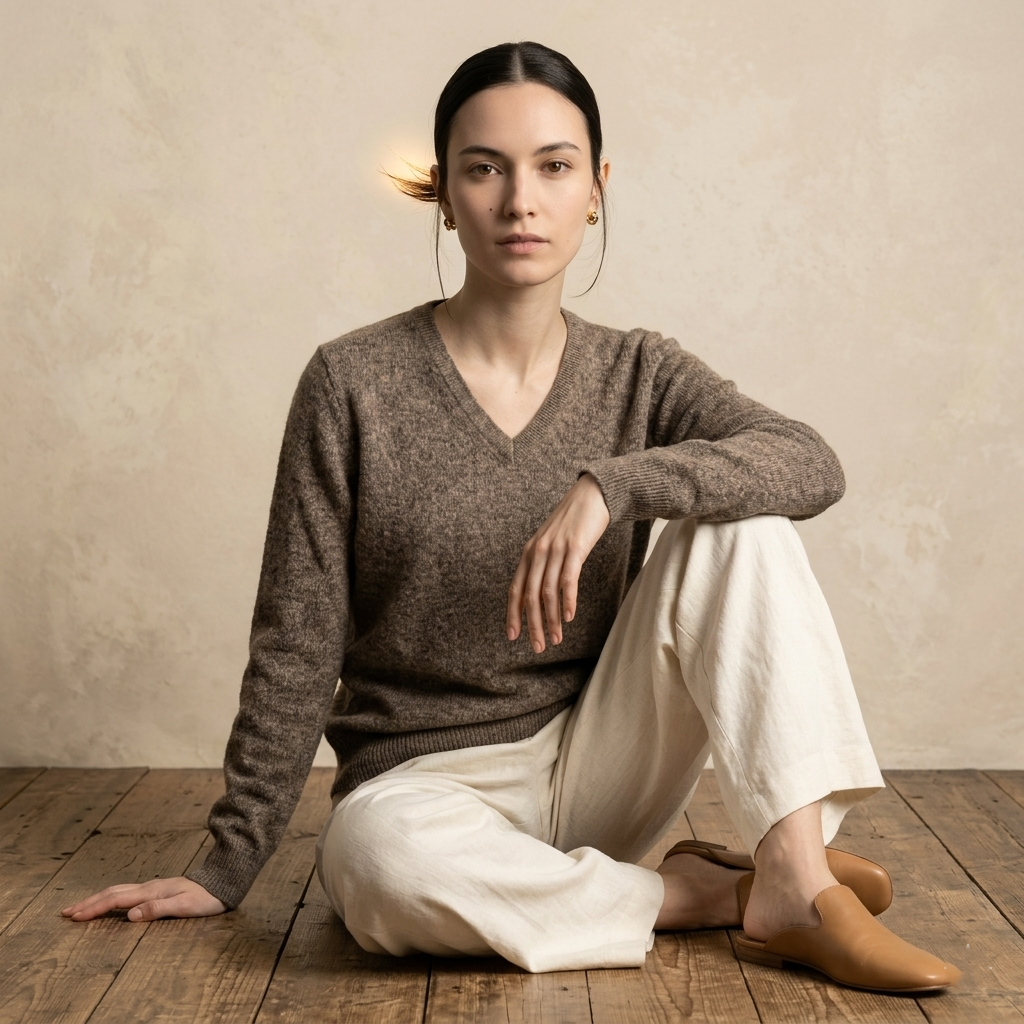 V - Neck Undyed Cashmere Sweater For Women