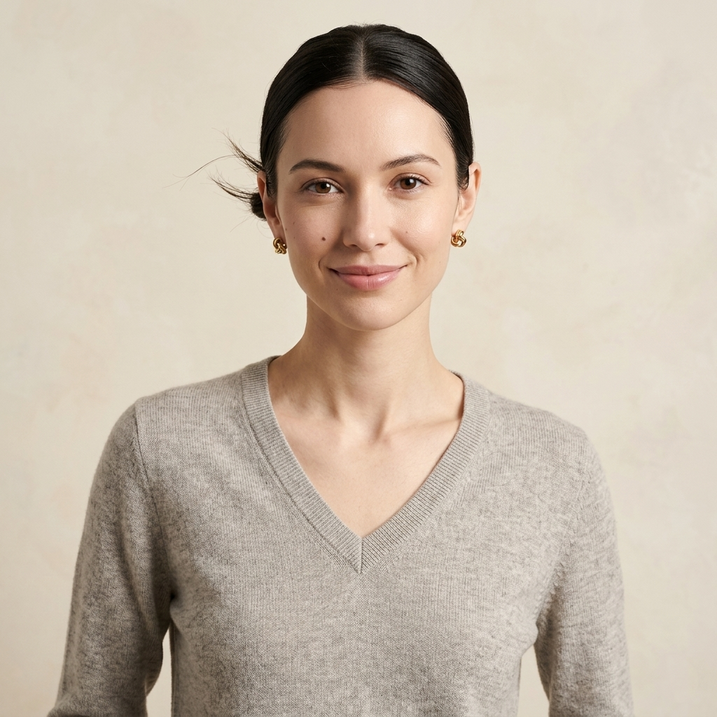 V - Neck Undyed Cashmere Sweater For Women - Cotton Seed