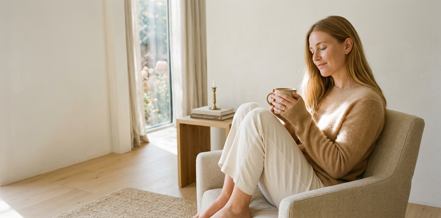 A woman sits in a beige armchair in a bright, minimalist room, holding a white mug. She is wearing a beige long-sleeve top and white pants.