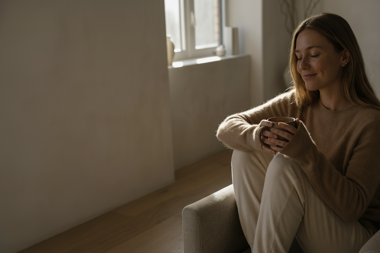 A woman with blonde hair sits comfortably in a light beige armchair, wrapped in a matching beige knit sweater and sweatpants, holding a small white cup in a bright, minimalist room.
