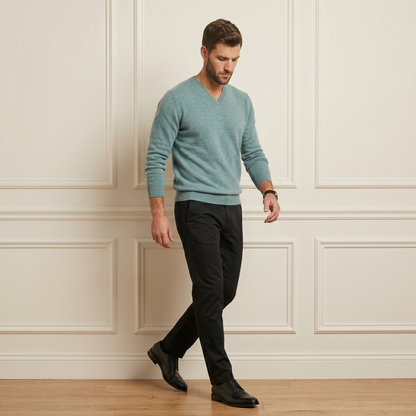 Heathered Jade Original V-Neck Full Sleeve Himalayan Cashmere Sweater for Men
