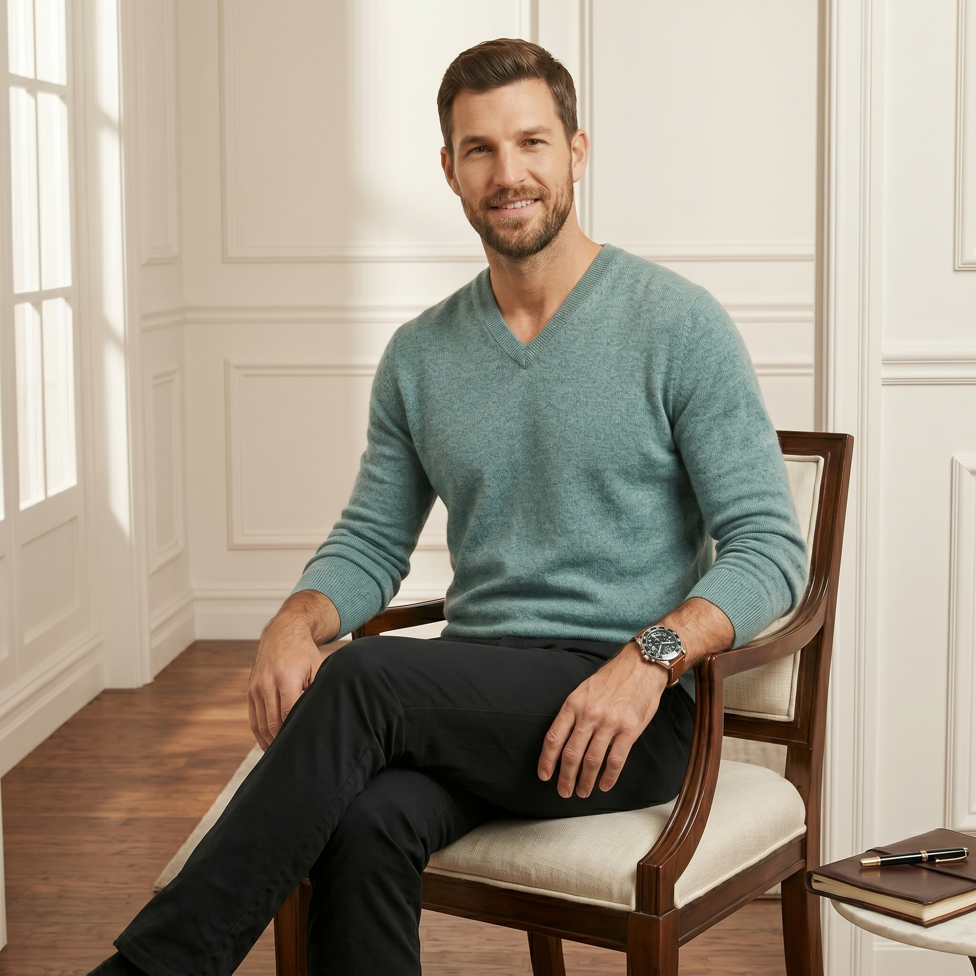 Heathered Jade Original V-Neck Himalayan Cashmere Sweater