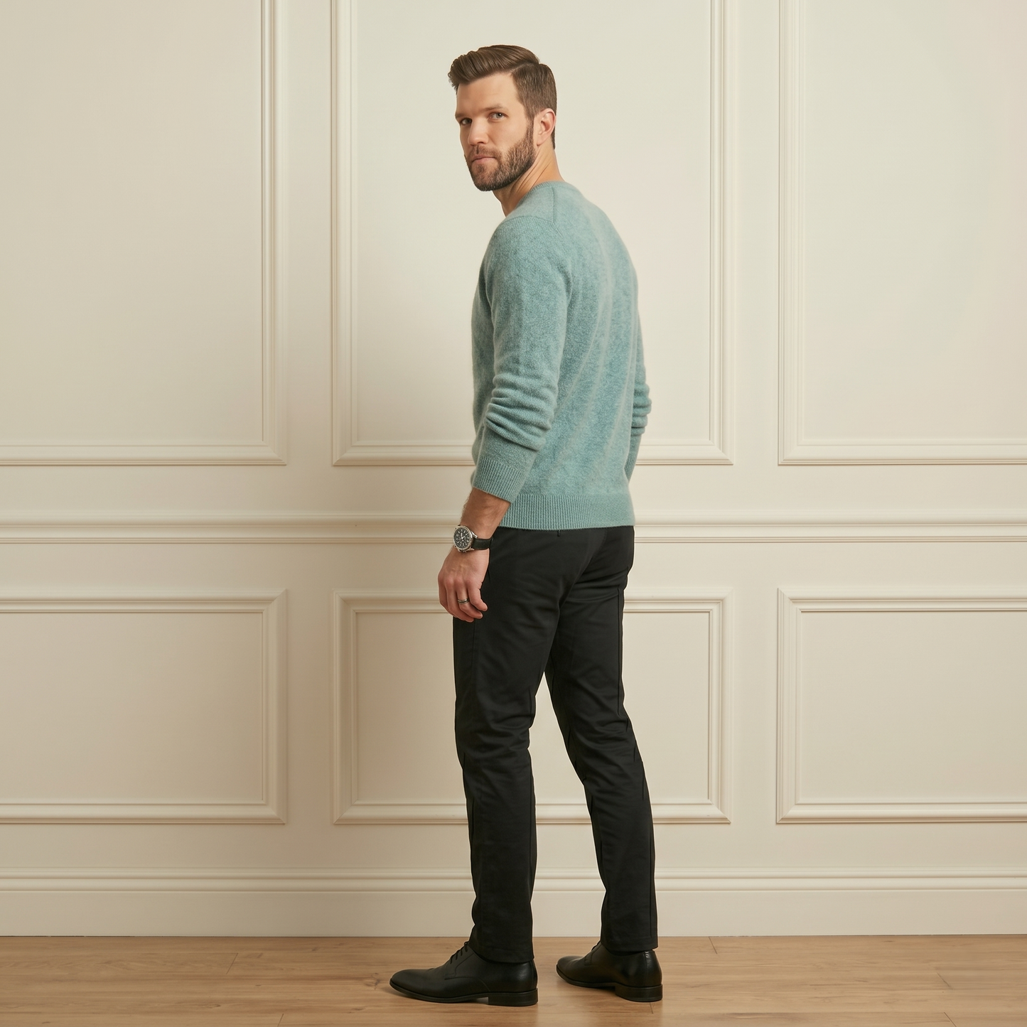 Heathered Jade V-Neck Full Sleeve Himalayan Cashmere Sweater for Men