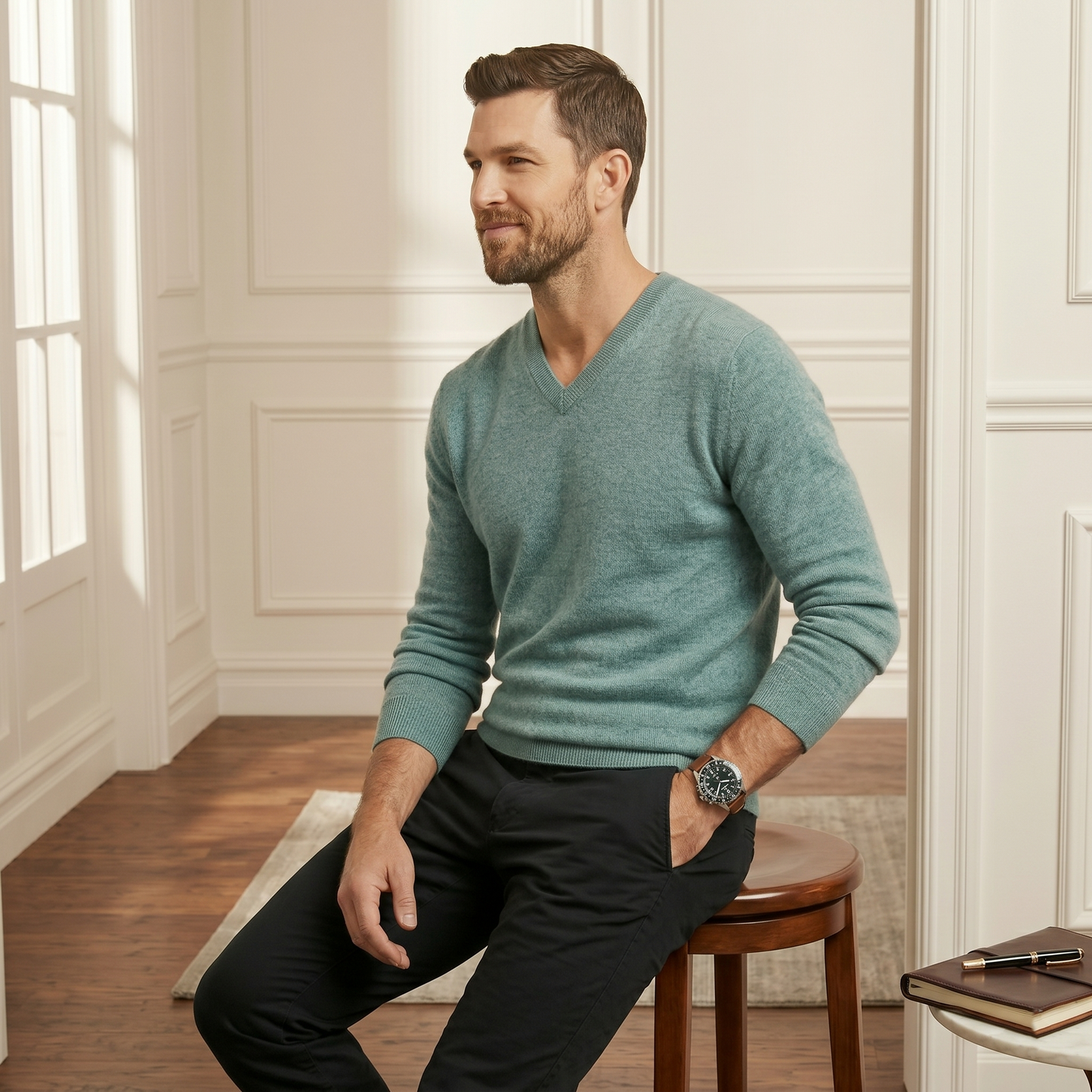 Heathered Jade V-Neck Himalayan Cashmere Sweater
