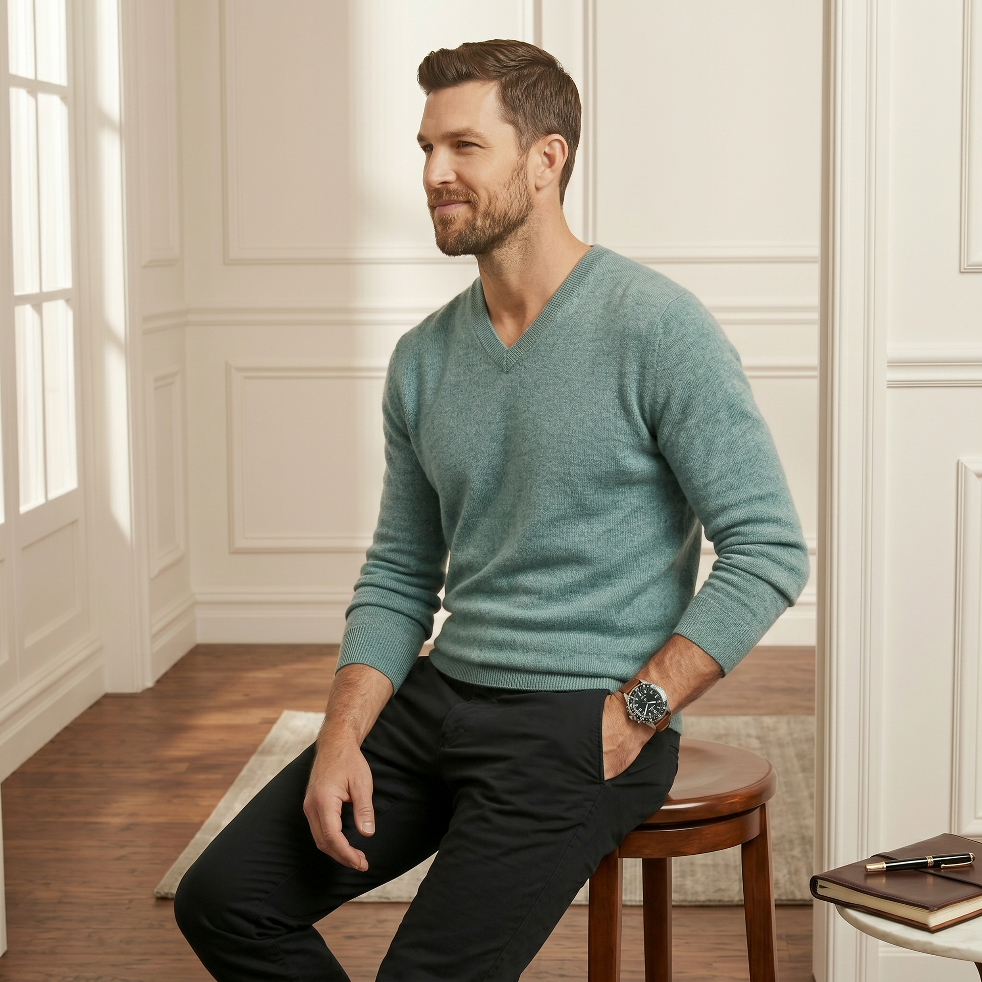Heathered Jade V-Neck Himalayan Cashmere Sweater