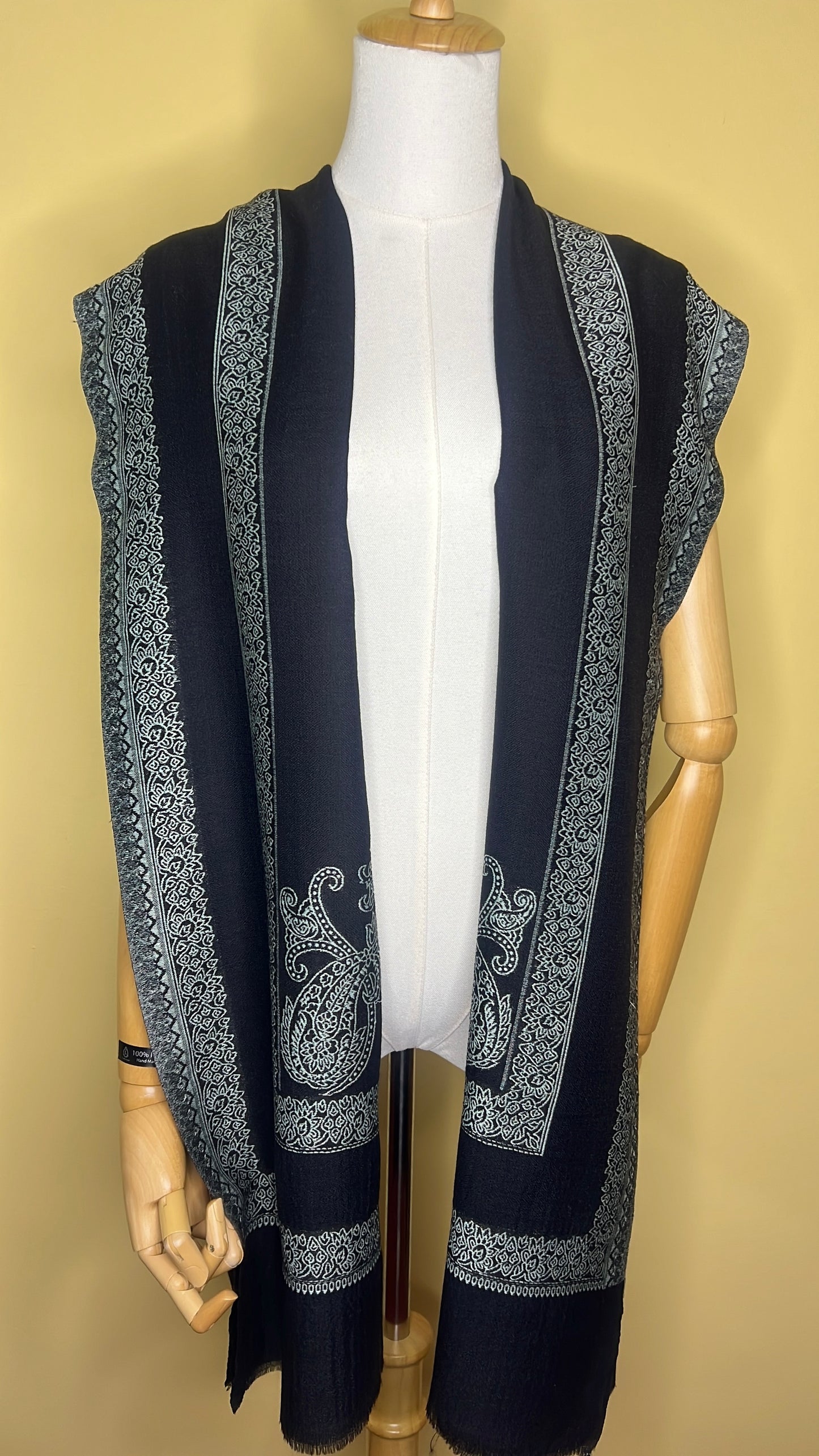 NPIA Certified 100% Pure Himalayan Cashmere Pashmina Shawl - Mustang Midnight Black