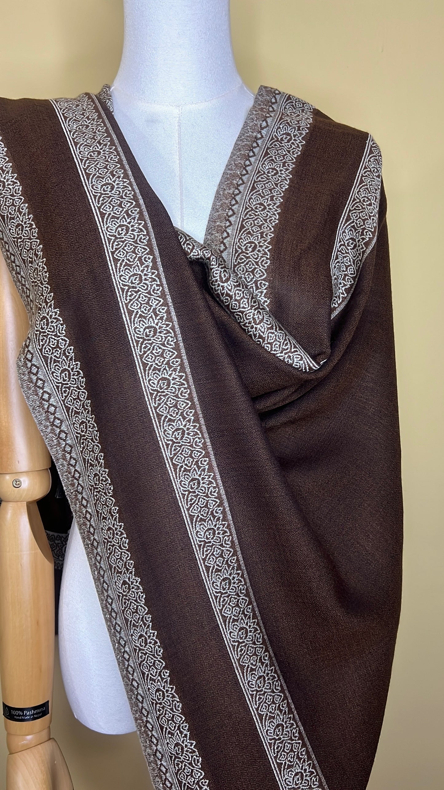 NPIA Certified 100% Pure Himalayan Cashmere Pashmina Shawl - Annapurna Espresso Brown