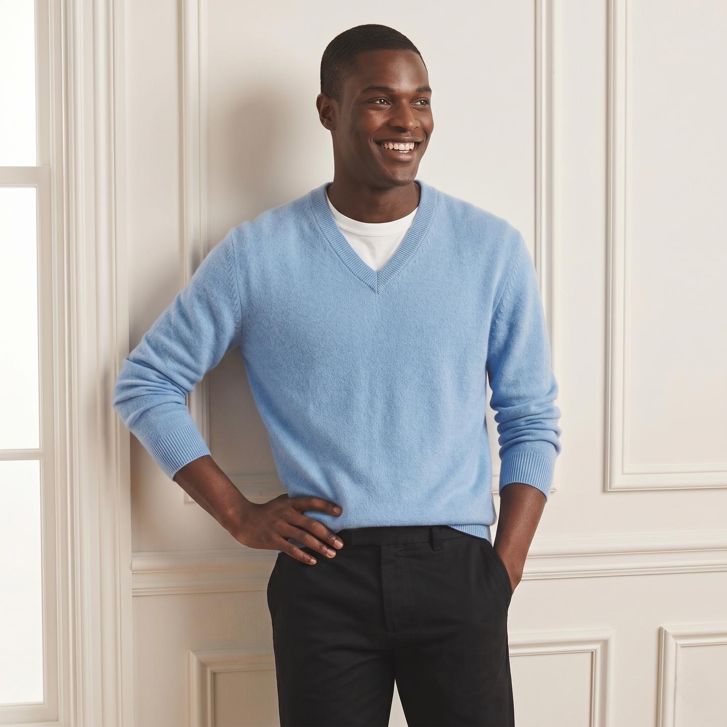 Sky blue Original V-Neck Full Sleeve Himalayan Cashmere Sweater for Men