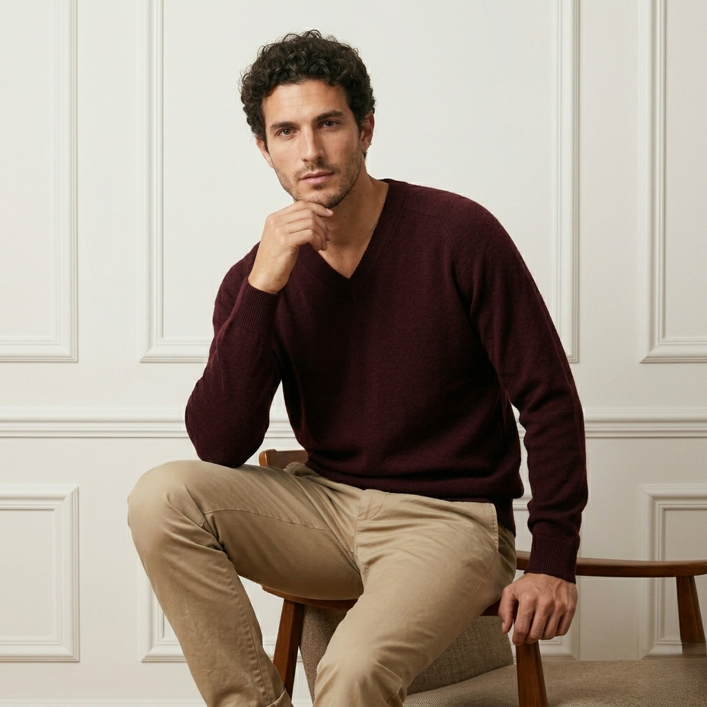 Wine Red Original V-Neck Full Sleeve Himalayan Cashmere Sweater For Men