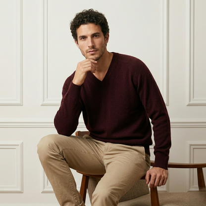 Wine Red Original V-Neck Full Sleeve Himalayan Cashmere Sweater For Men