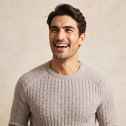 Men's undyed cashmere cable-knit Atlas sweater in Light Grey Melange — view 5