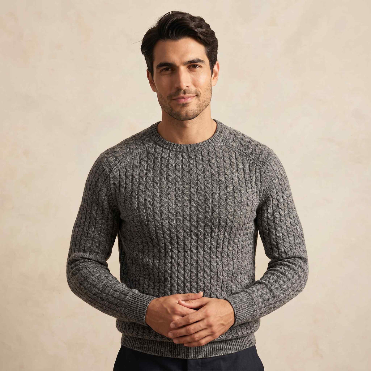 Men's undyed cashmere cable-knit Atlas sweater in Mid Grey Melange — view 6