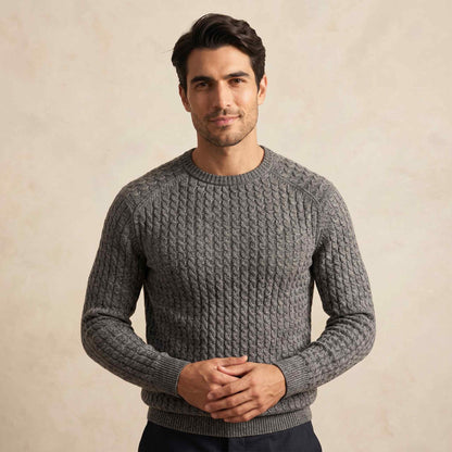 Men's undyed cashmere cable-knit Atlas sweater in Mid Grey Melange — view 6