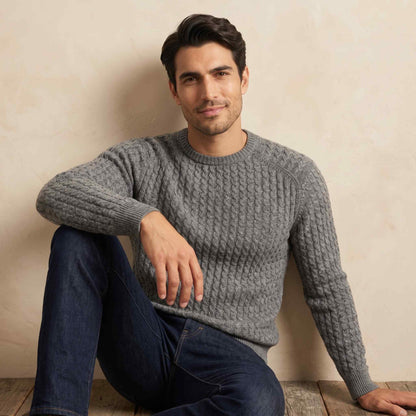 Men's undyed cashmere cable-knit Atlas sweater in Mid Grey Melange — view 1