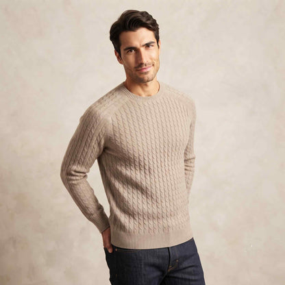 Men's undyed cashmere cable-knit Atlas sweater in Oatmeal Melange — view 2
