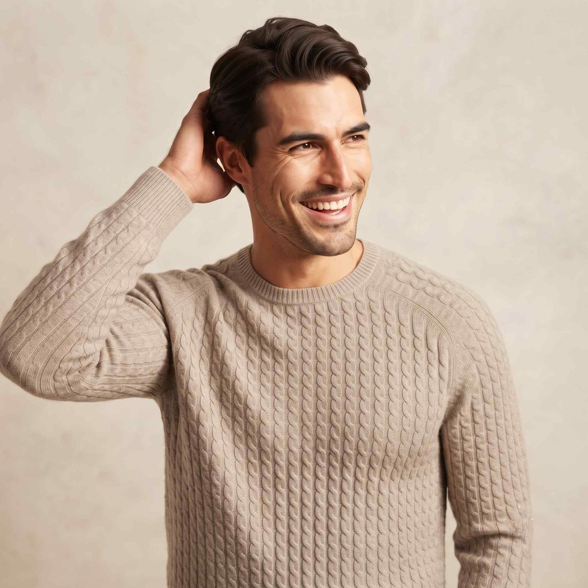 Men's undyed cashmere cable-knit Atlas sweater in Oatmeal Melange — view 3