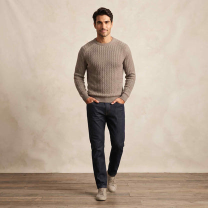 Men's undyed cashmere cable-knit Atlas sweater in Toast Melange — view 3