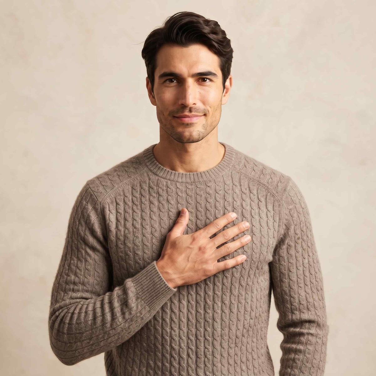 Men's undyed cashmere cable-knit Atlas sweater in Toast Melange — view 7