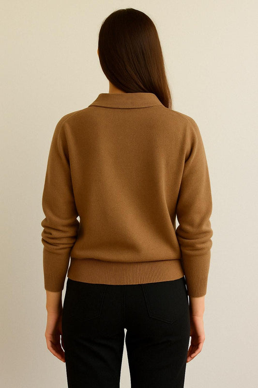 100% Pure Himalayan Cashmere Polo Sweater - Annapurna Collection Camel Brown