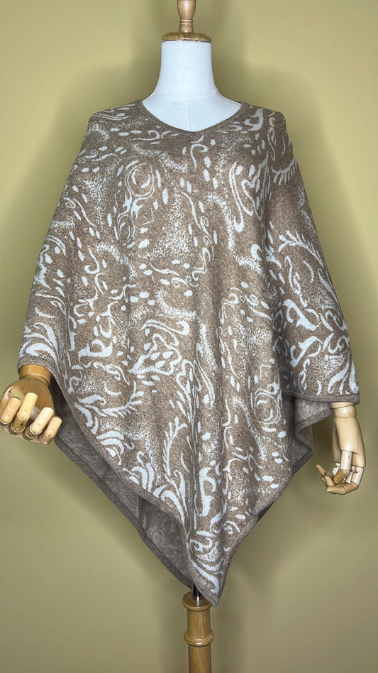 100% Pure Himalayan Cashmere Pashmina Poncho - Mustang Collection Skin Brown Paisley