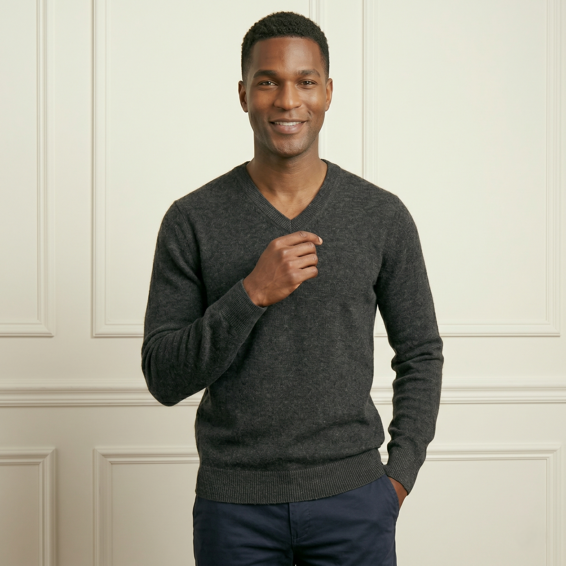 Executive V-Neck Undyed Himalayan Cashmere Sweater - Dark Slate Gray