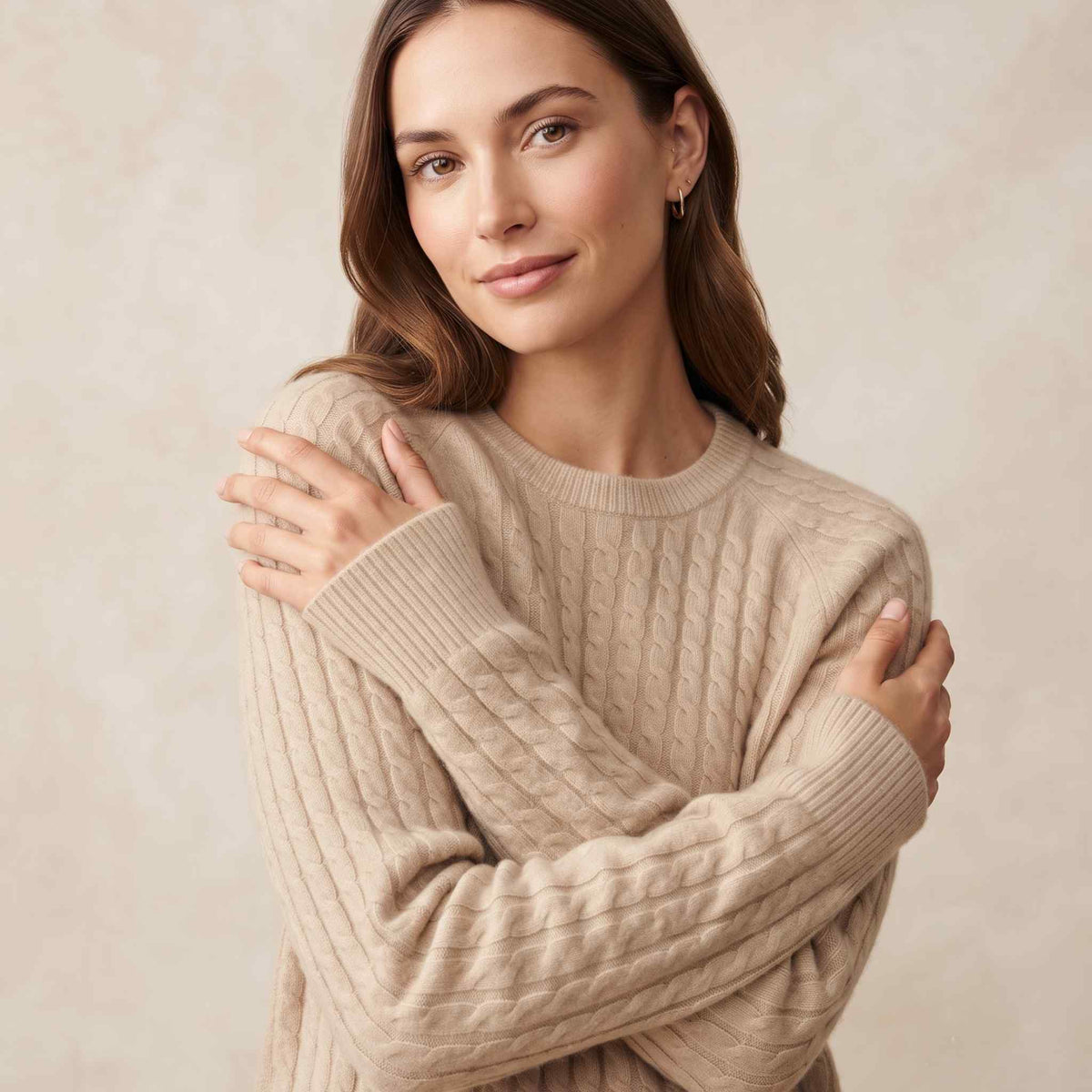 Women's undyed cashmere cable-knit Grace sweater in Oatmeal Melange — view 1
