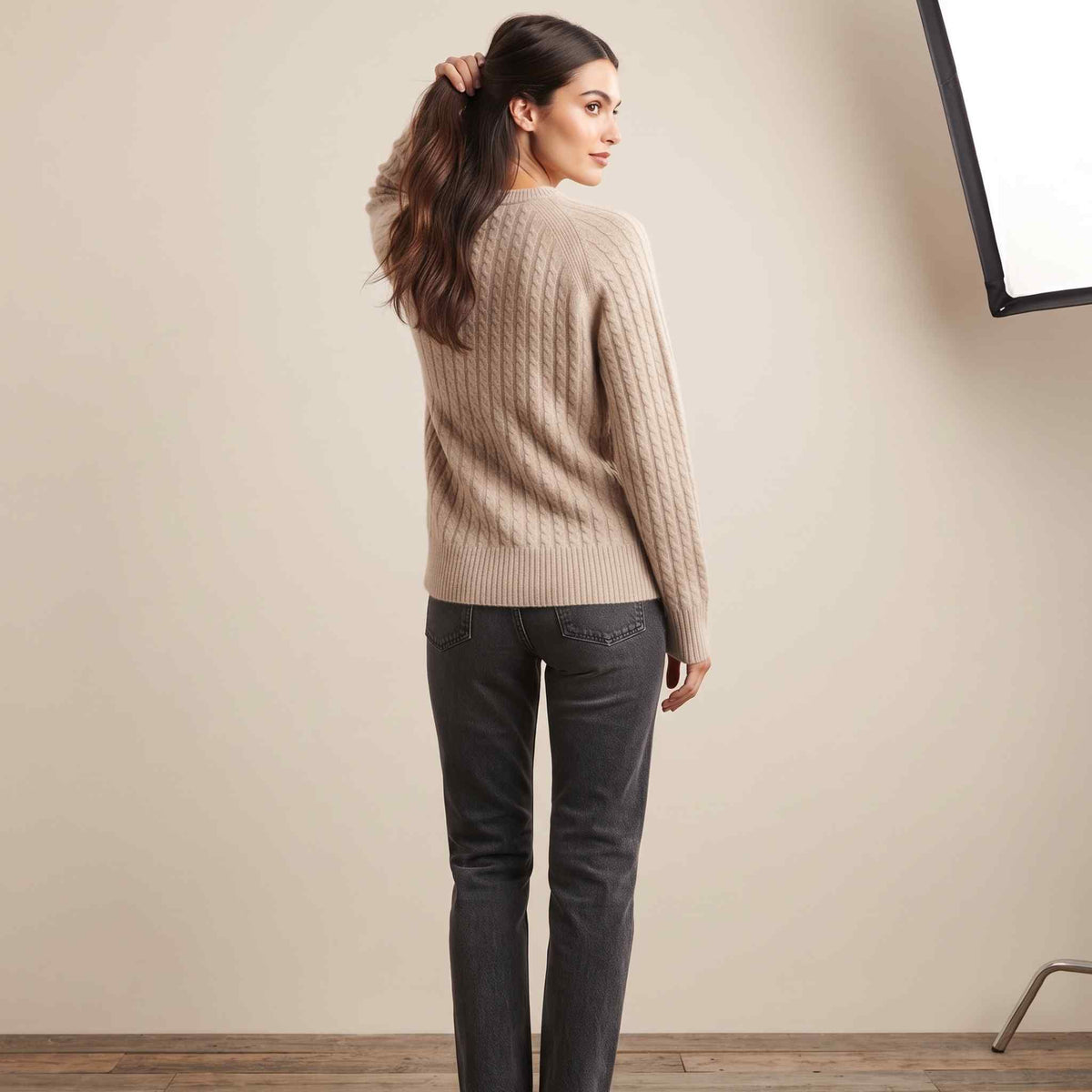 Women's undyed cashmere cable-knit Grace sweater in Oatmeal Melange — view 2