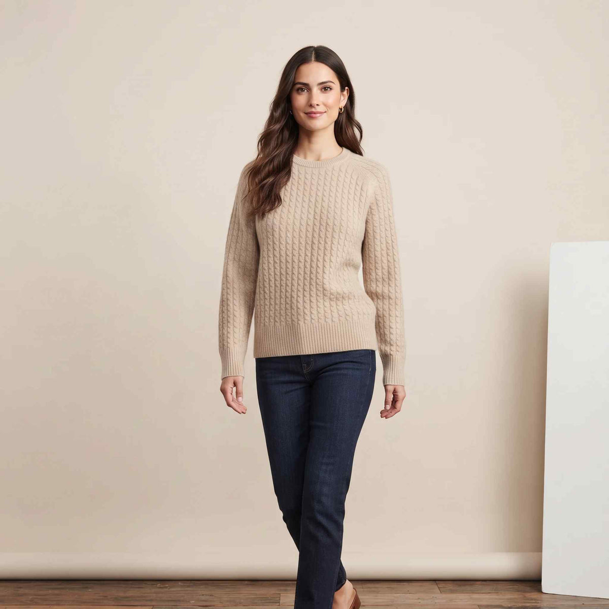 Women's undyed cashmere cable-knit Grace sweater in Oatmeal Melange — view 8