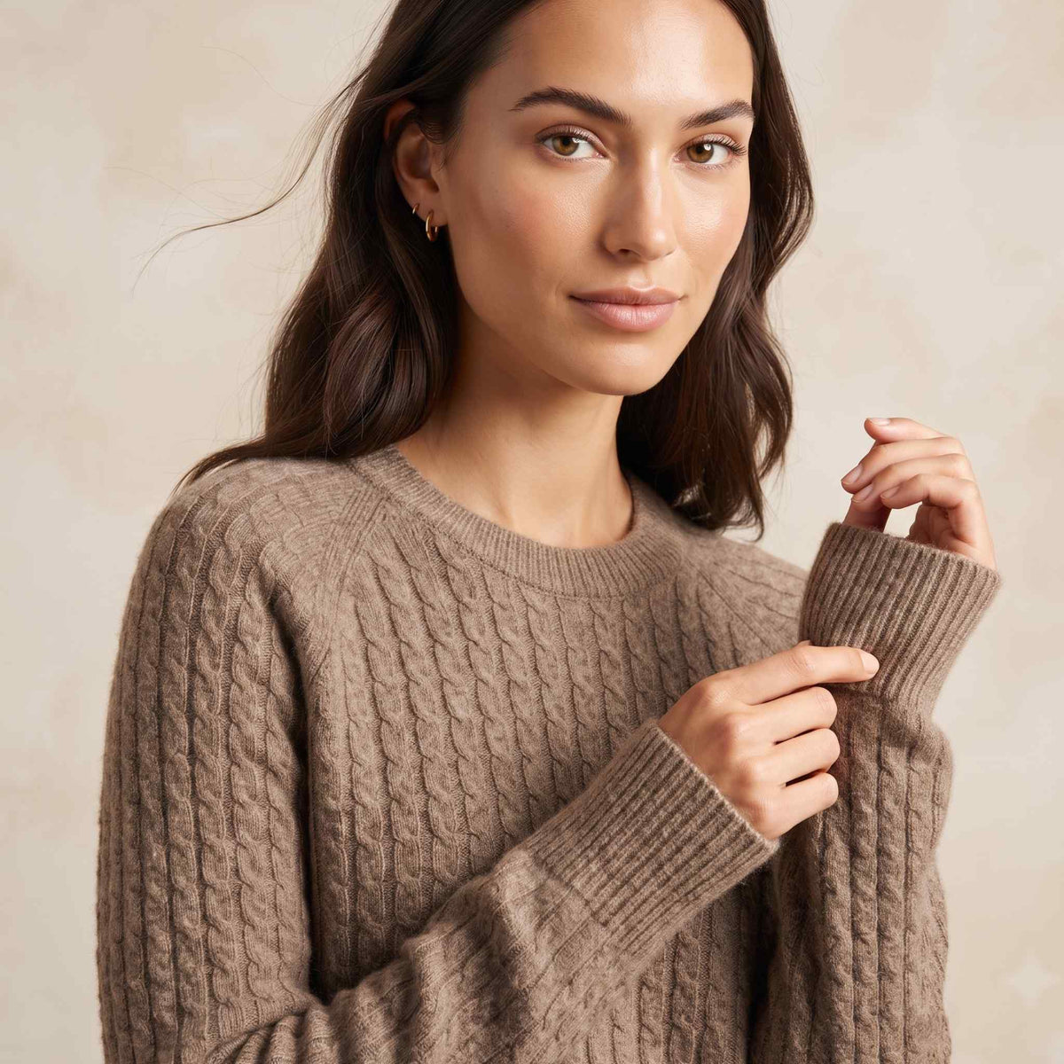 Women's undyed cashmere cable-knit Grace sweater in Toast Melange — view 1