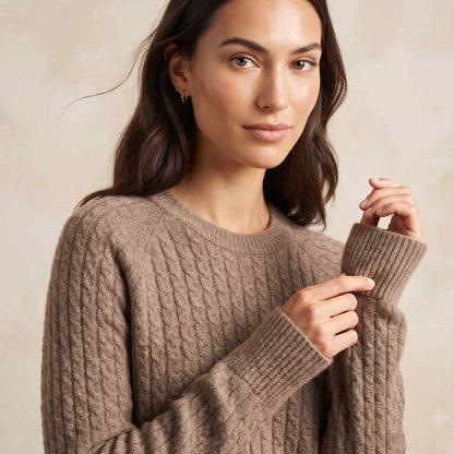 Women's undyed cashmere cable-knit Grace sweater in Toast Melange — view 1
