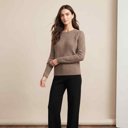 Women's undyed cashmere cable-knit Grace sweater in Toast Melange — view 3