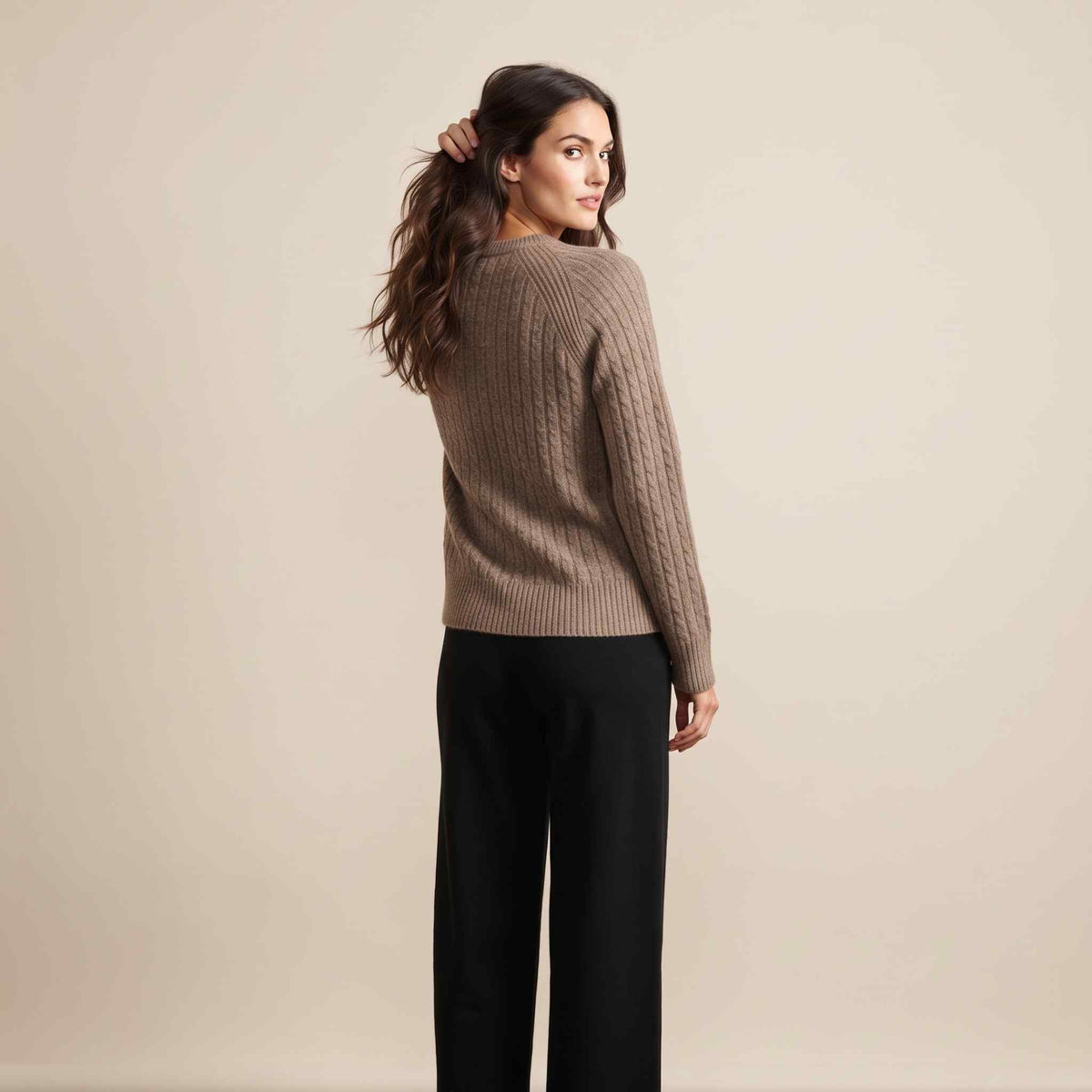 Women's undyed cashmere cable-knit Grace sweater in Toast Melange — view 5