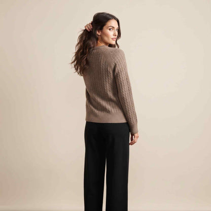 Women's undyed cashmere cable-knit Grace sweater in Toast Melange — view 5