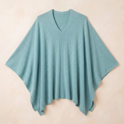 Women's V-neck cashmere poncho in Heathered Jade — laid flat