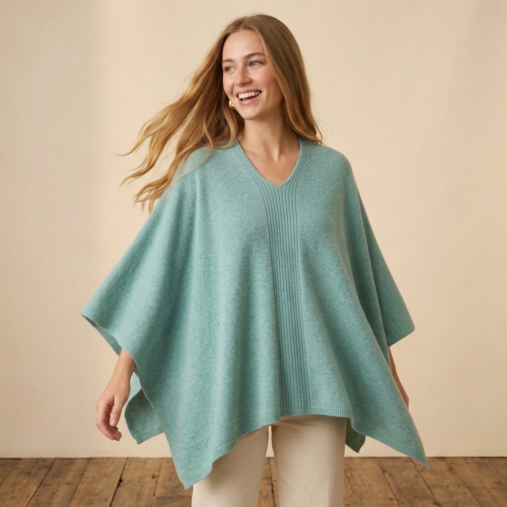 Women's V-neck cashmere poncho in Heathered Jade — worn by a model (3)