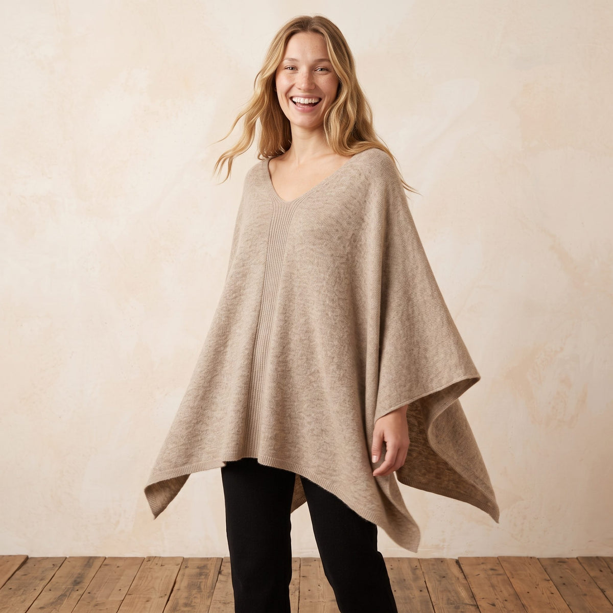 Women's undyed cashmere poncho in Oatmeal Melange — worn by a model (3)