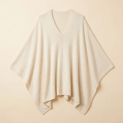Women's V-neck cashmere poncho in Off-White — laid flat