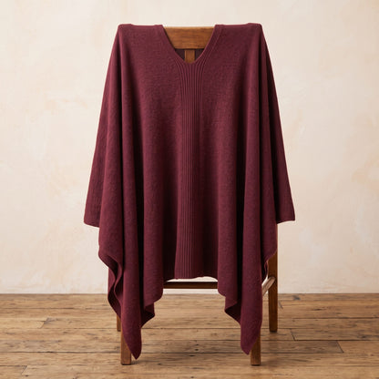 Women's V-neck cashmere poncho in Wine Red — draped