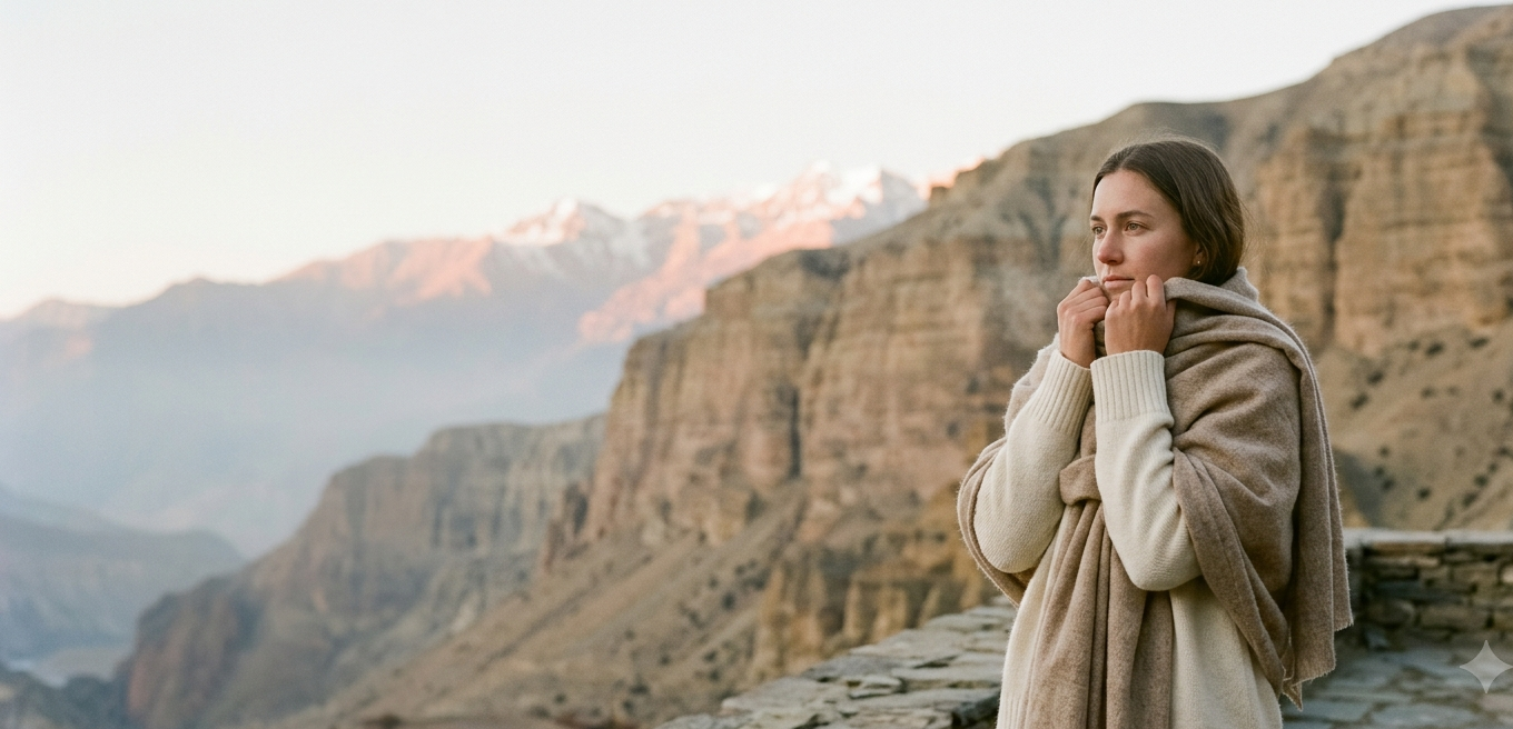 Woman in undyed Himalayan cashmere at dawn in Upper Mustang, Nepal