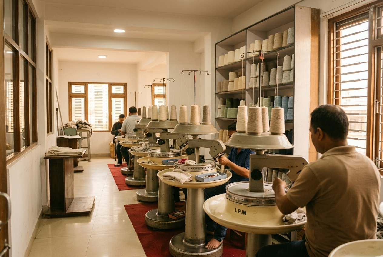 Artisans hand-linking cashmere at the Lumusae workshop in Kathmandu