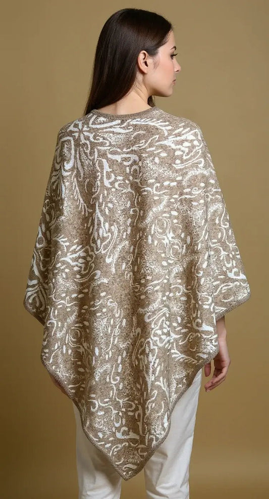 NPIA Certified 100% Pure Himalayan Cashmere Pashmina Poncho - Mustang Skin Brown Paisley - Lumusae