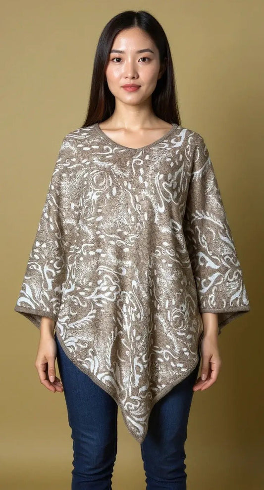 NPIA Certified 100% Pure Himalayan Cashmere Pashmina Poncho - Mustang Skin Brown Paisley - Lumusae