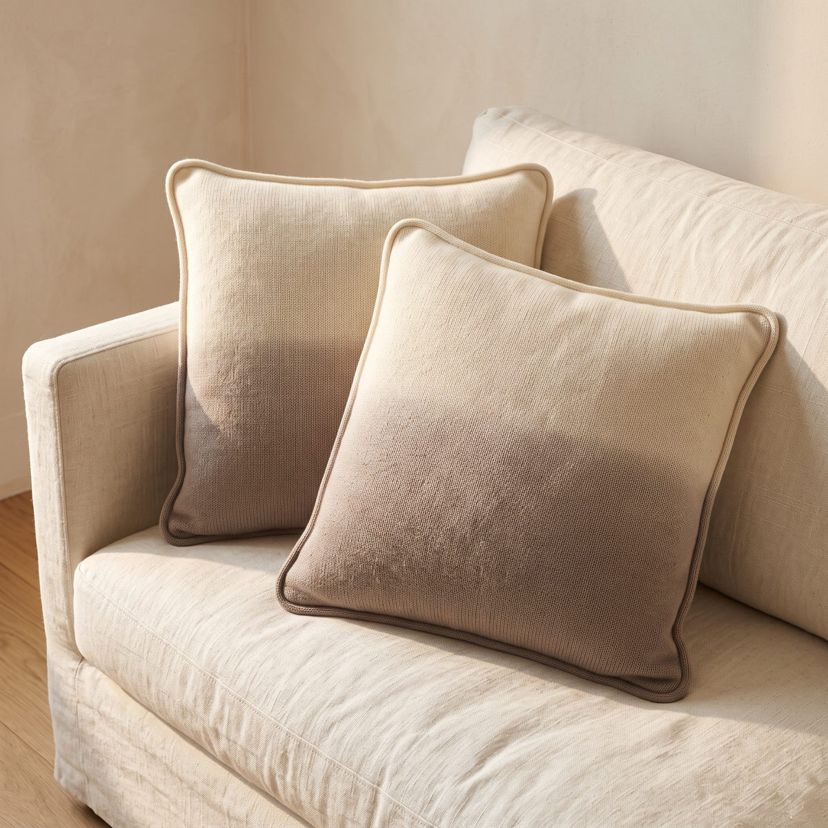 Toast Ombré 100% cashmere pillow cover, pair styled on a sofa